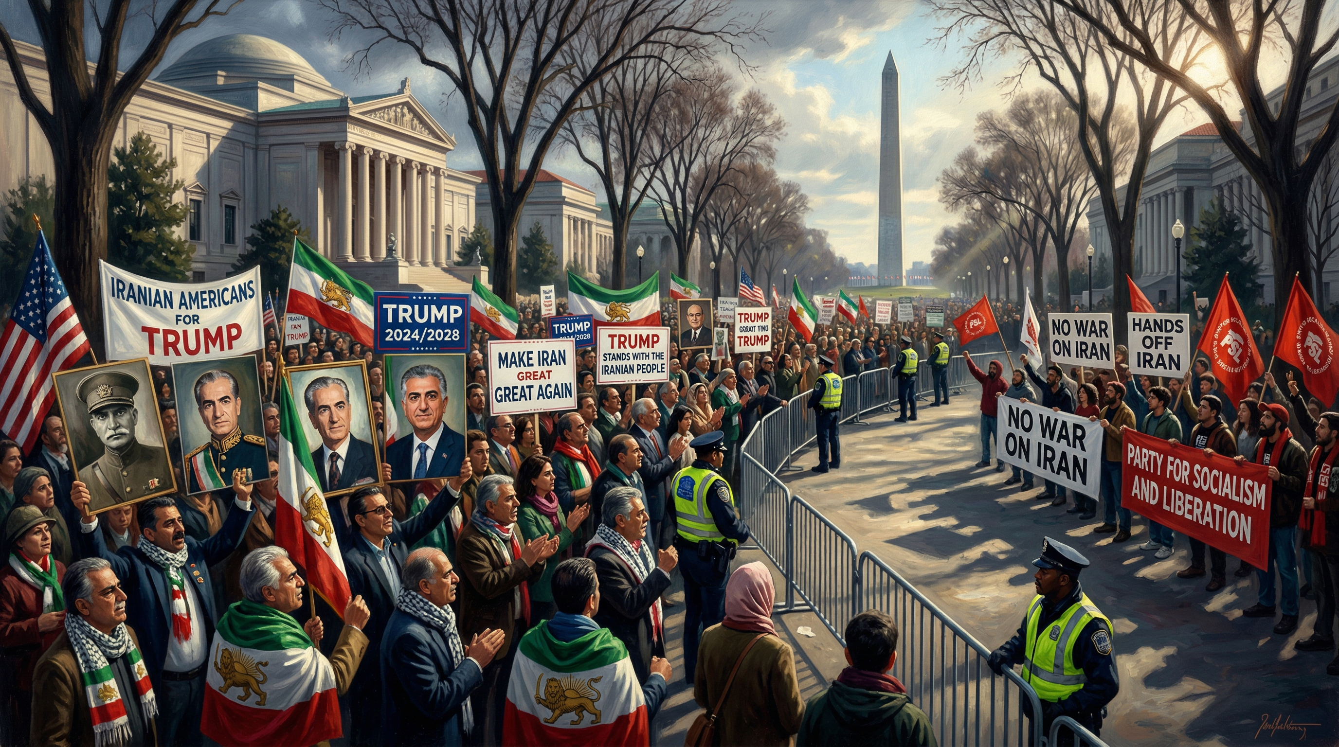 A large outdoor rally on the National Mall shows Iranian-American supporters holding Pahlavi portraits and political signs, with counter-protesters visible in the scene, with buildings and crowds lining the street between 3rd and 4th Streets.