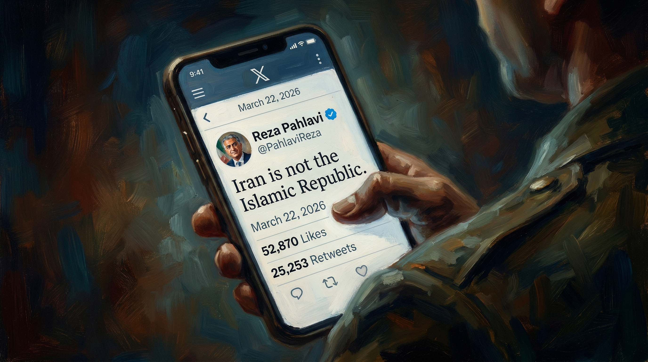 Close-up screenshot of a social media post showing text reading "Iran is not the Islamic Republic" with visible engagement statistics of 52,870 likes and 25,253 retweets.