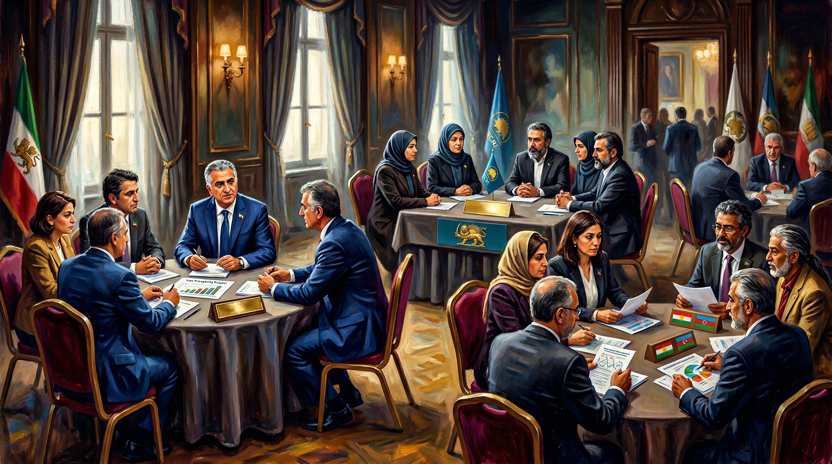 Three distinct groups of officials and representatives seated at separate tables in an interior meeting space, each group representing different Iranian opposition organizations and political platforms.