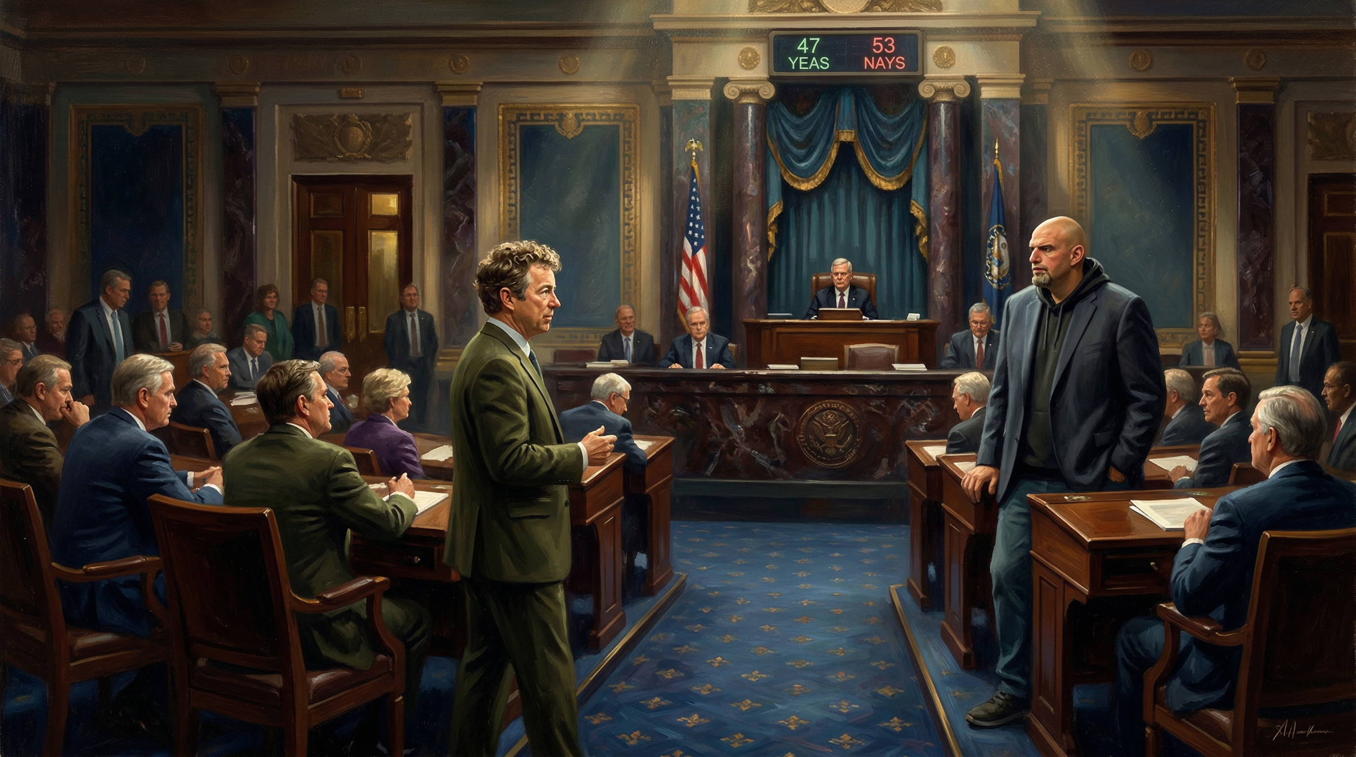 A wide view of the Senate floor during a vote, showing senators at their desks with a 47-53 vote tally displayed, highlighting the partisan split on the resolution.