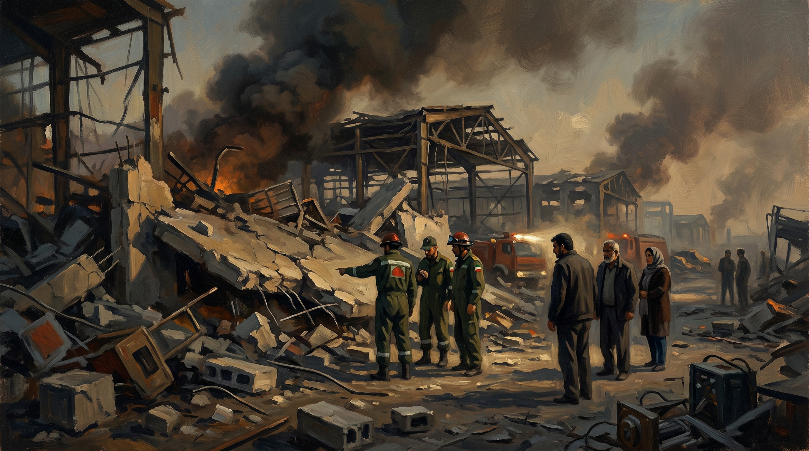 A devastated landscape shows collapsed concrete structures, smoke, and rubble scattered across a wide area, with several people standing among the destruction examining the damage.