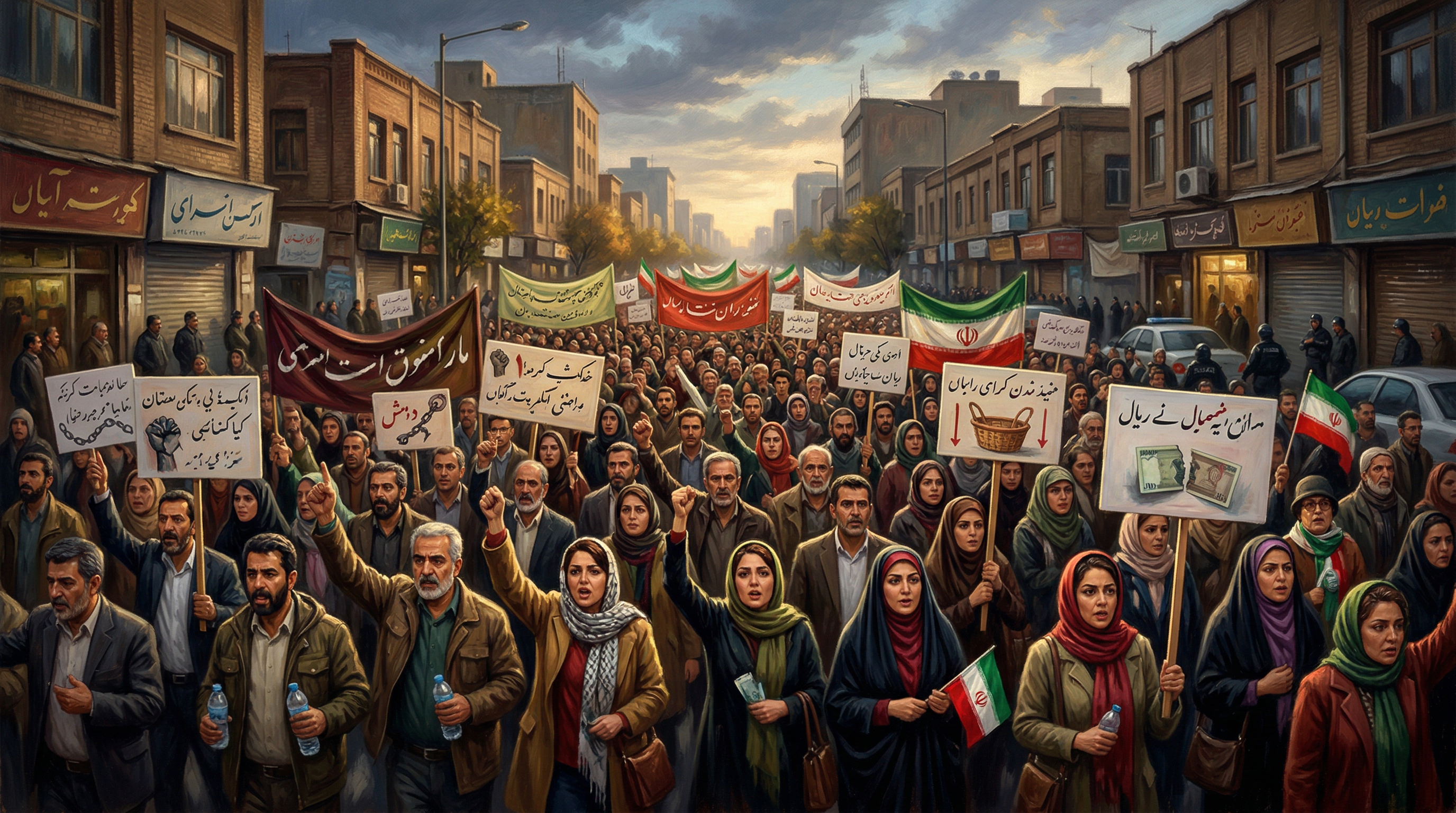 A crowded street filled with demonstrators holding banners and signs during a large-scale protest in Iran.
