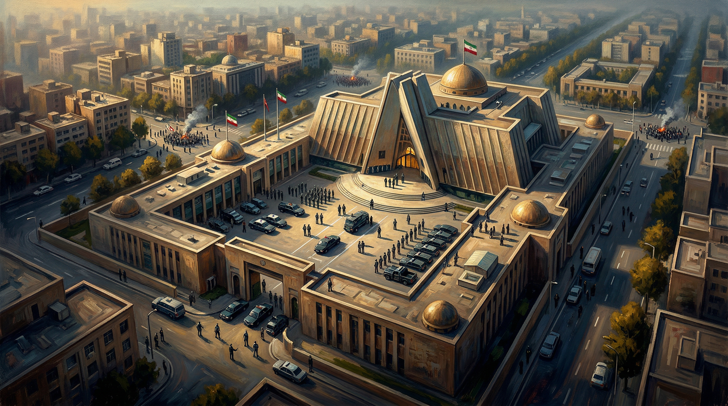 Aerial view of a large Iranian government building complex with distinctive architecture, representing the country's formal institutional power structure.