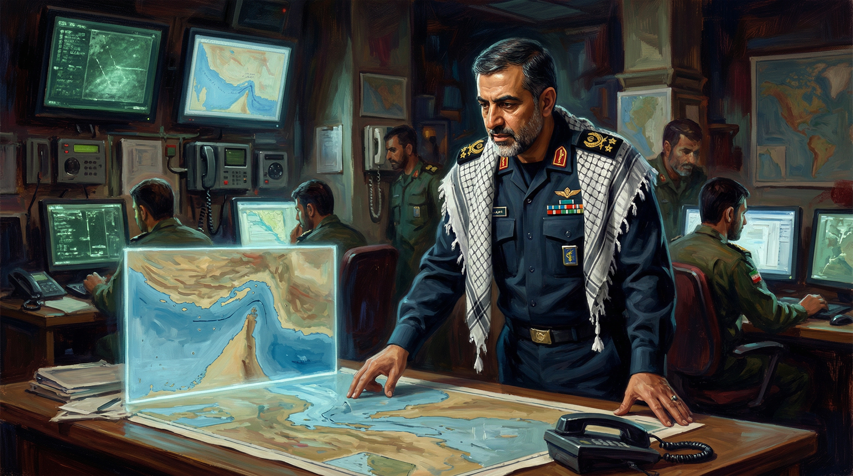 A military officer in IRGC Navy uniform works at a command post with monitoring equipment and displays at what appears to be a coastal naval base.