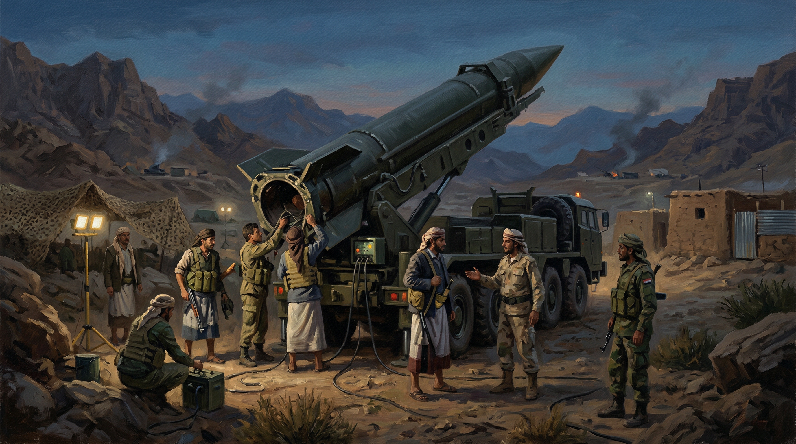 Uniformed fighters work around large ballistic missiles in a preparation facility, with equipment and infrastructure visible in an industrial setting.