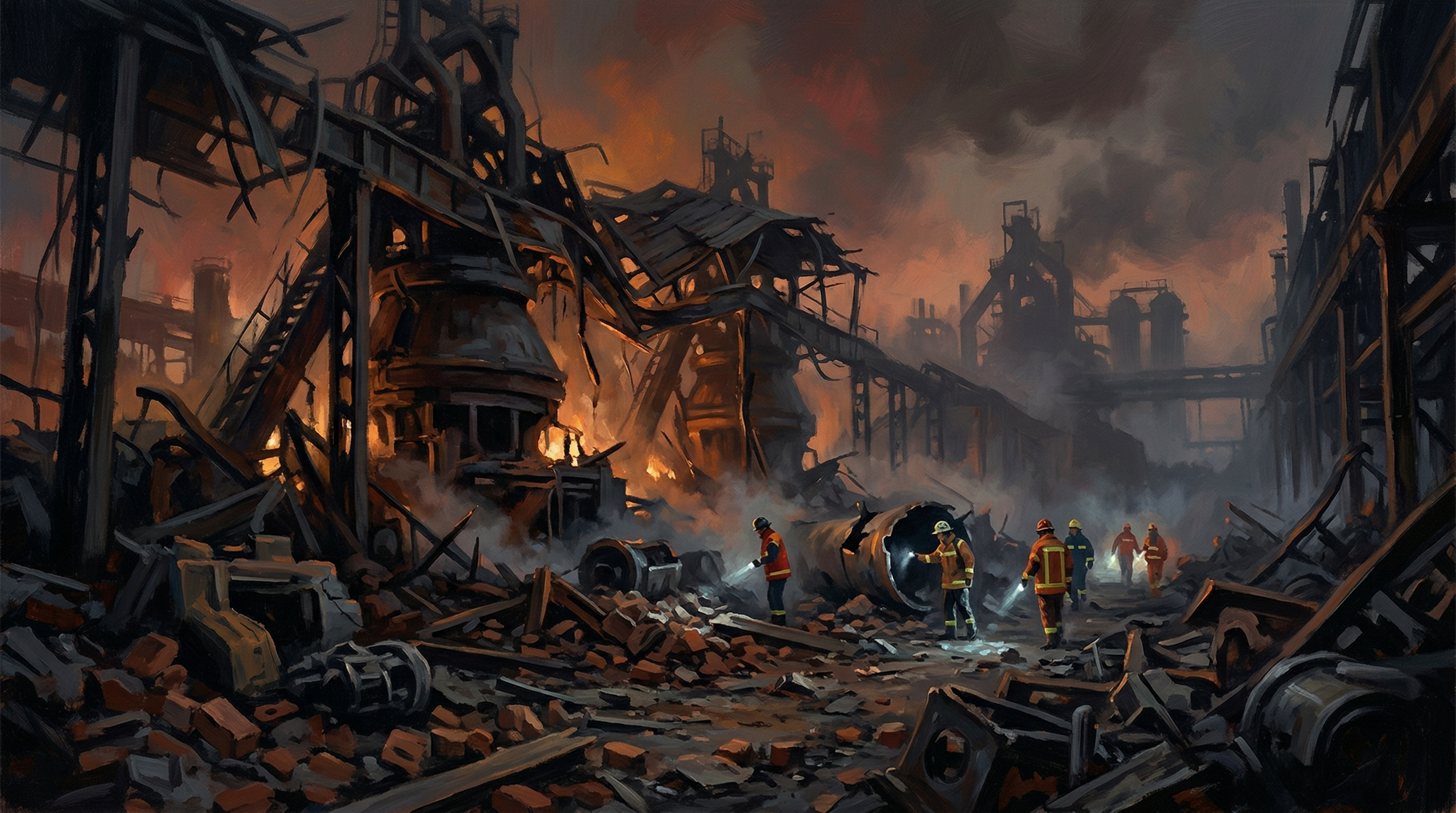 Aerial view of an industrial steel complex with destroyed furnaces, twisted metal debris, and rubble covering the ground, with emergency workers visible among the wreckage.