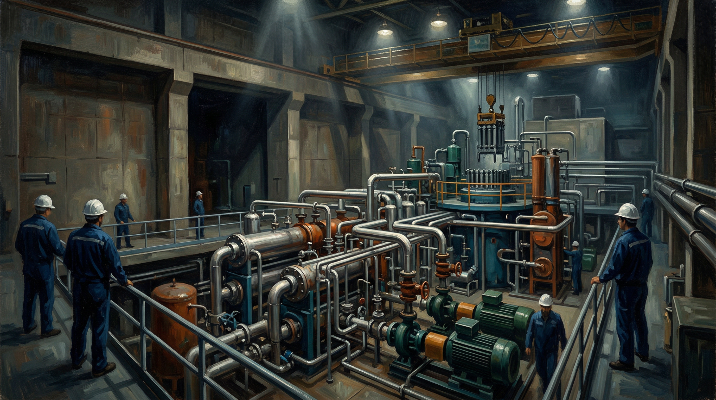 An industrial interior space displaying massive cylindrical tanks, piping systems, and metal containment structures typical of a research reactor facility's cooling and safety infrastructure.