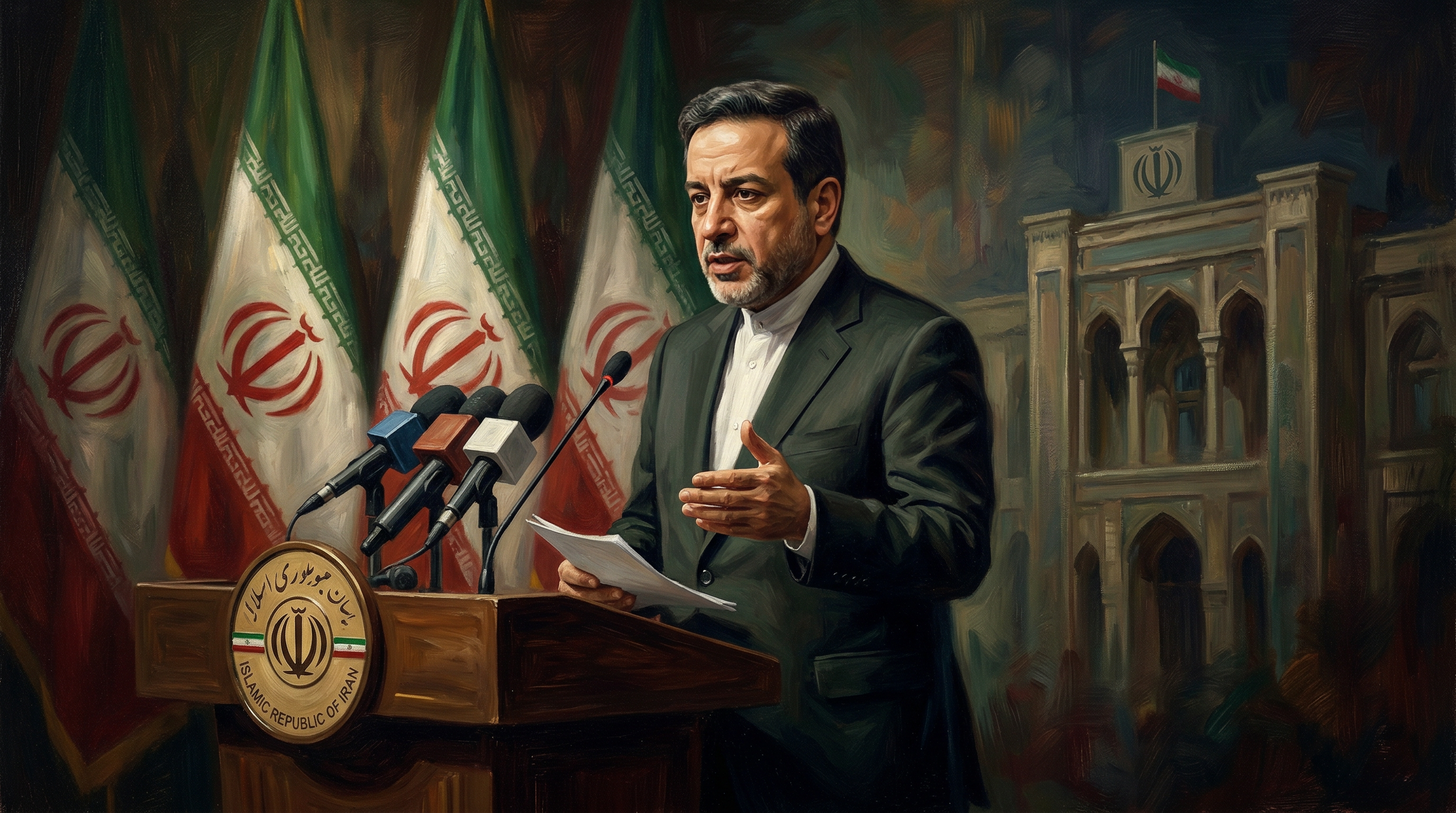 A man in a dark suit speaks at a podium with Iranian flags visible behind him in what appears to be an official government setting.
