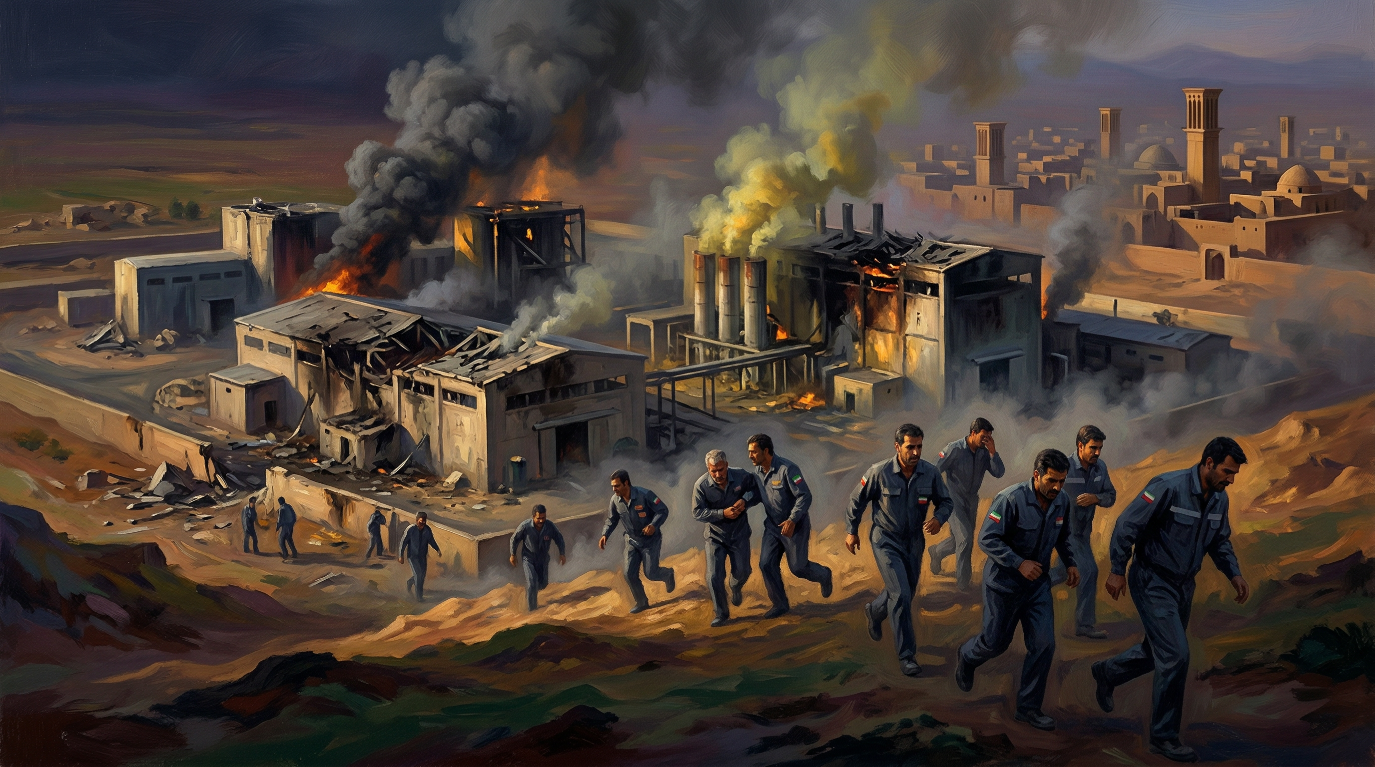 An industrial facility with smoke billowing from damaged structures, with workers visible leaving the compound in the foreground.