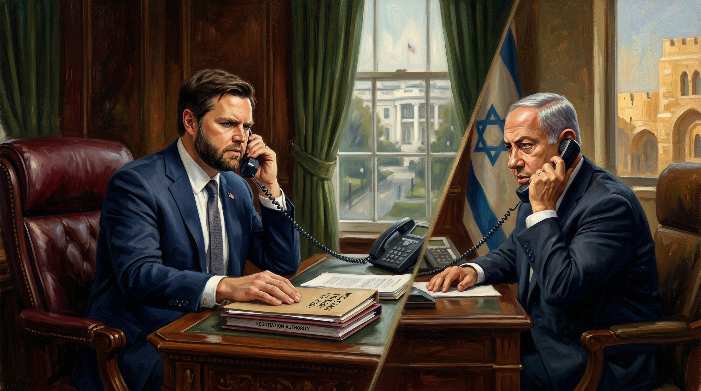 Vice President Vance sits at a desk in an ornate government office, speaking into a telephone during an official call.