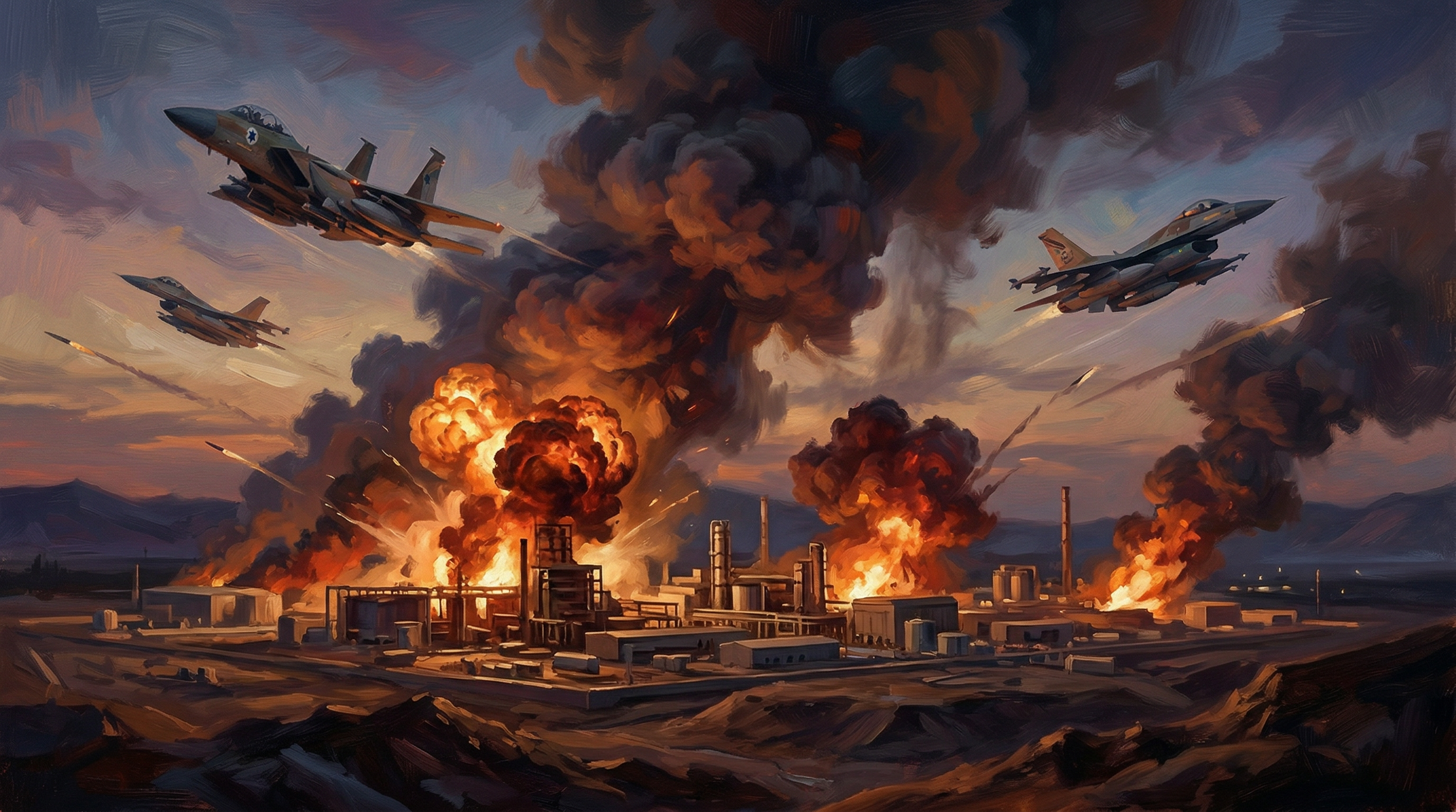 Multiple fighter jets release ordnance over an industrial compound with large explosions and thick smoke plumes rising from buildings and structures on the ground.