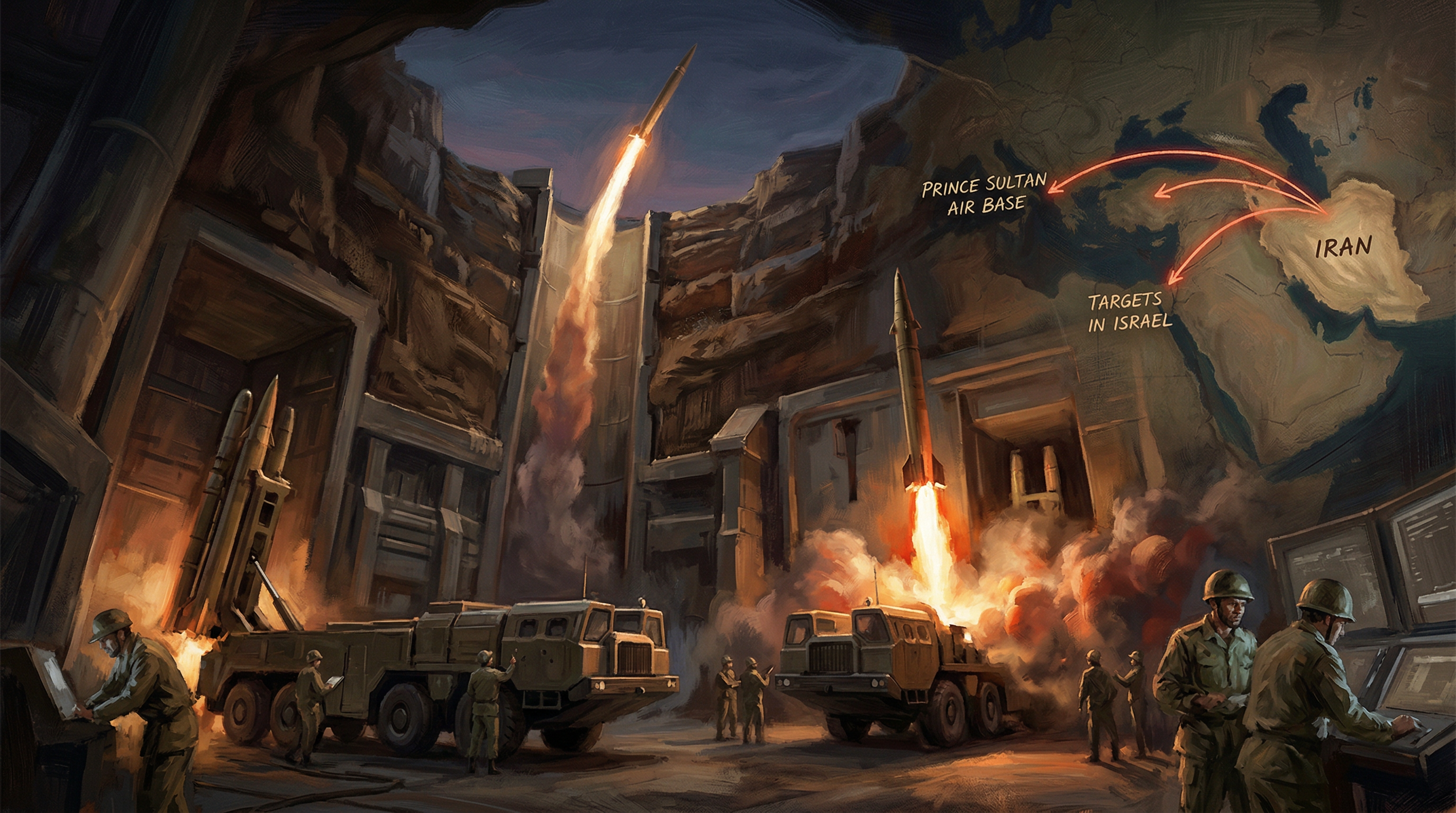 Multiple ballistic missiles streak upward from launch sites with bright flames and thick smoke plumes rising from the ground during a large-scale military operation.