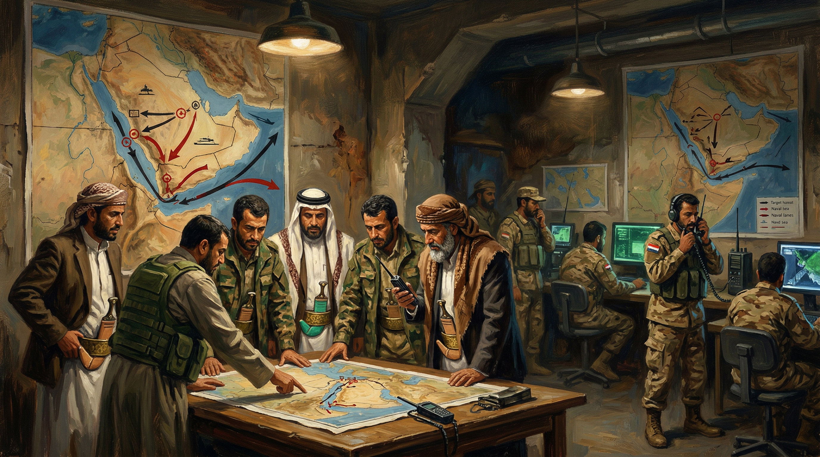 Several uniformed personnel work at a command center with wall-mounted maps and satellite communication equipment, reviewing operational plans and route information.