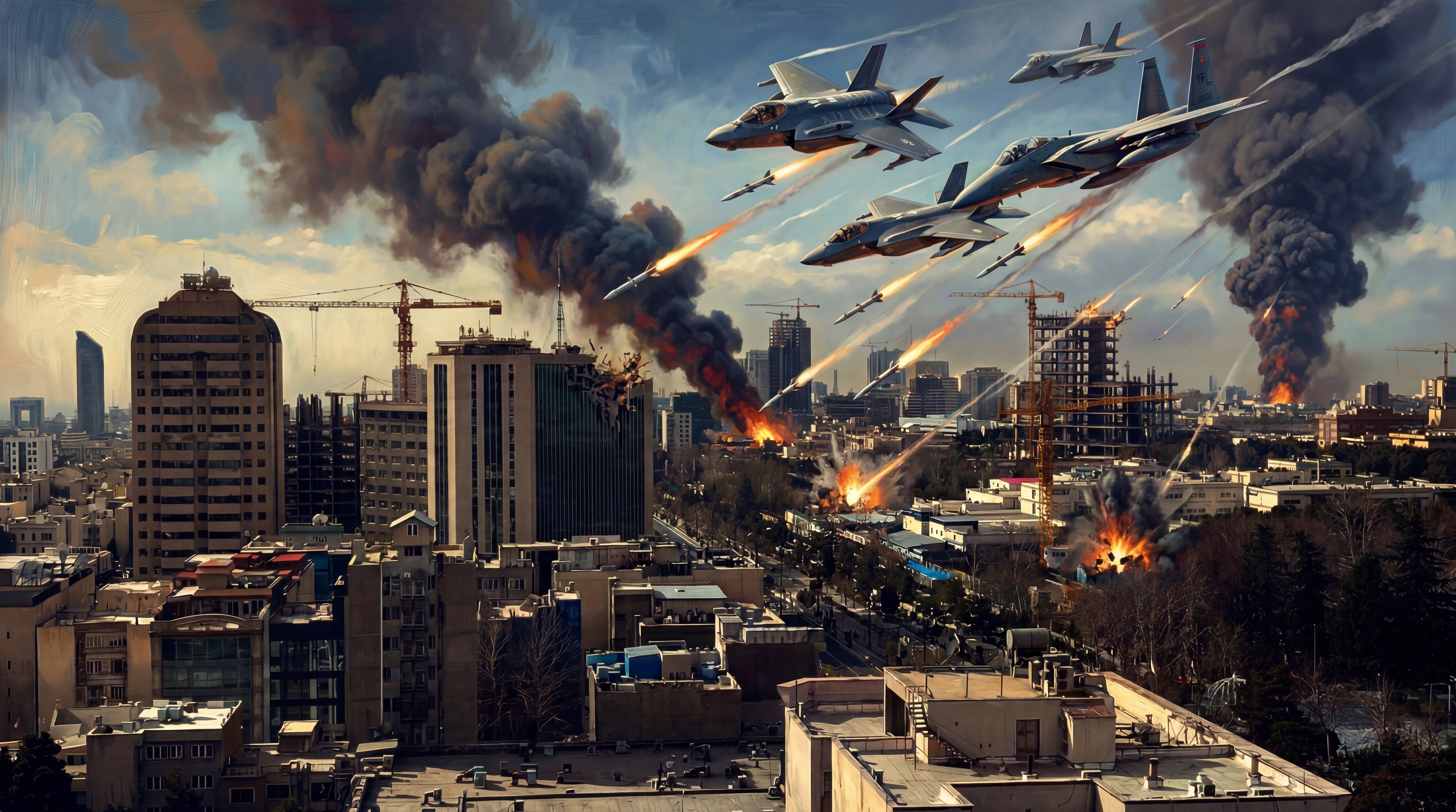 Fighter jets in formation release missiles during an aerial bombardment, with explosions and smoke visible on the ground below.