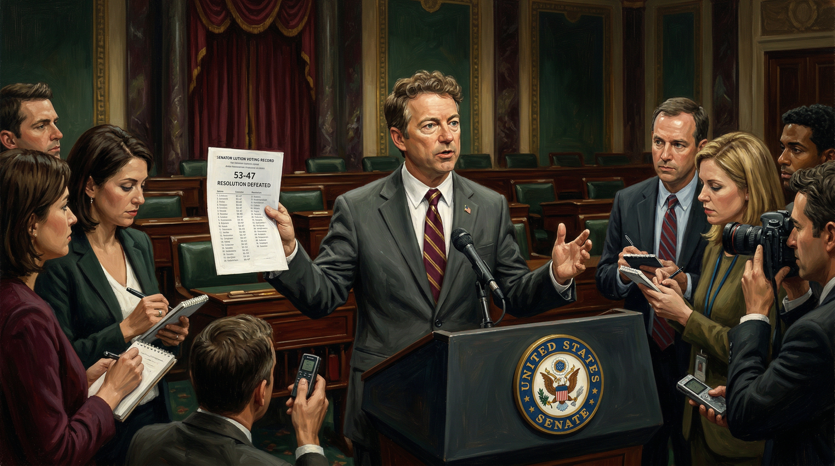 A senator in a dark suit stands on the Senate floor holding printed documents, speaking to reporters gathered around him.