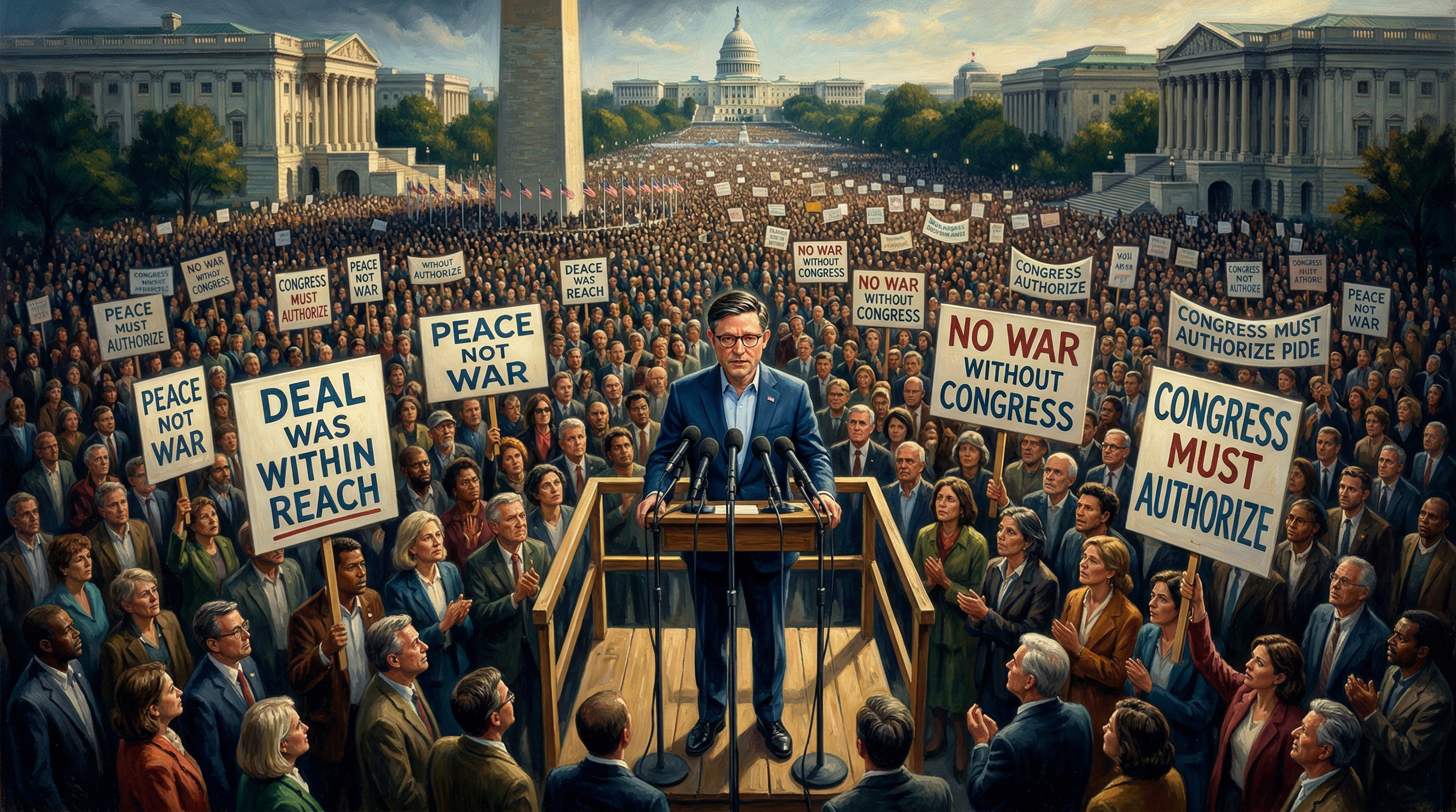 A large crowd of demonstrators fills a street in Washington DC, carrying protest signs with messages about peace negotiations and congressional authority over military decisions.