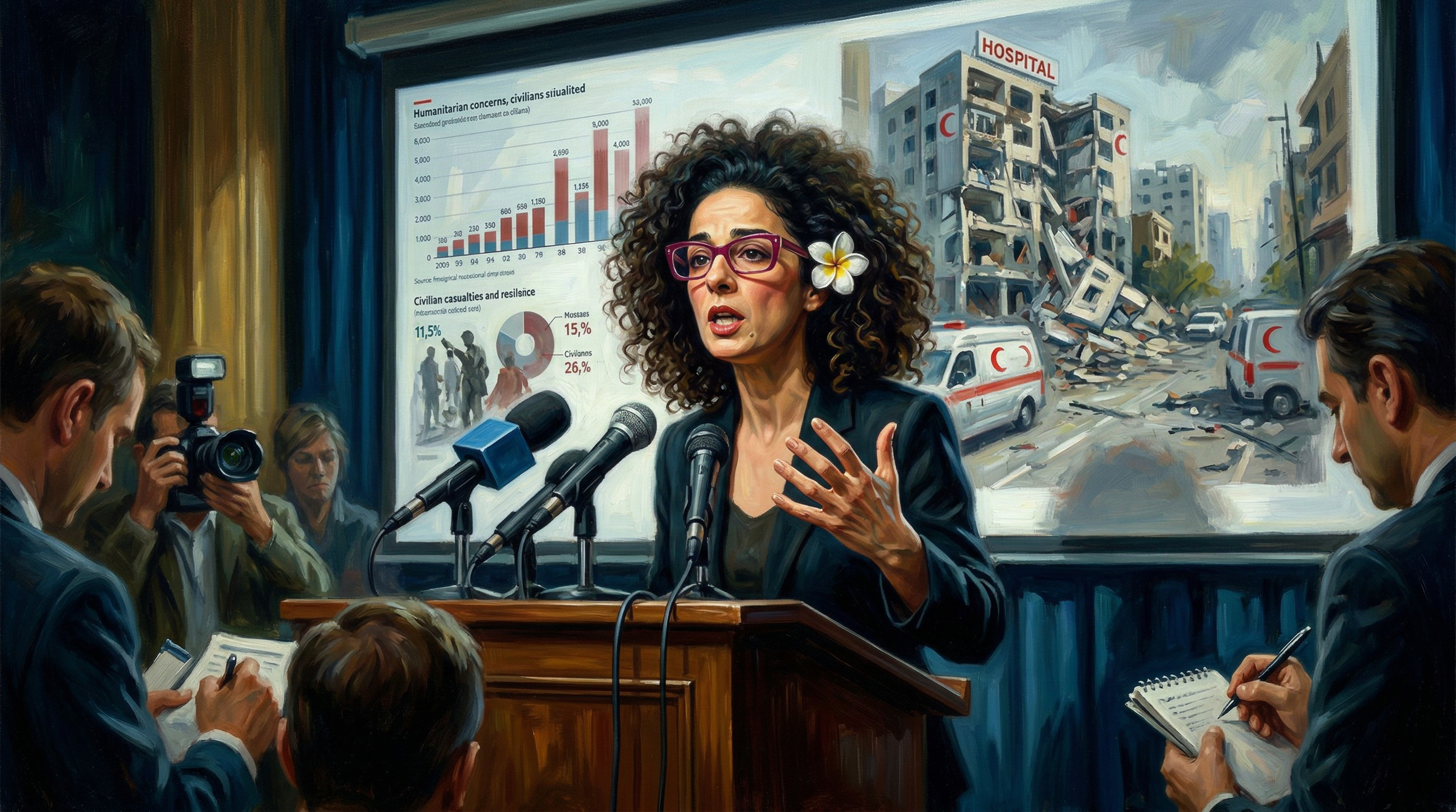 A woman speaks at a podium during a press conference, with charts and photographs of damaged buildings and hospitals displayed on a screen behind her.