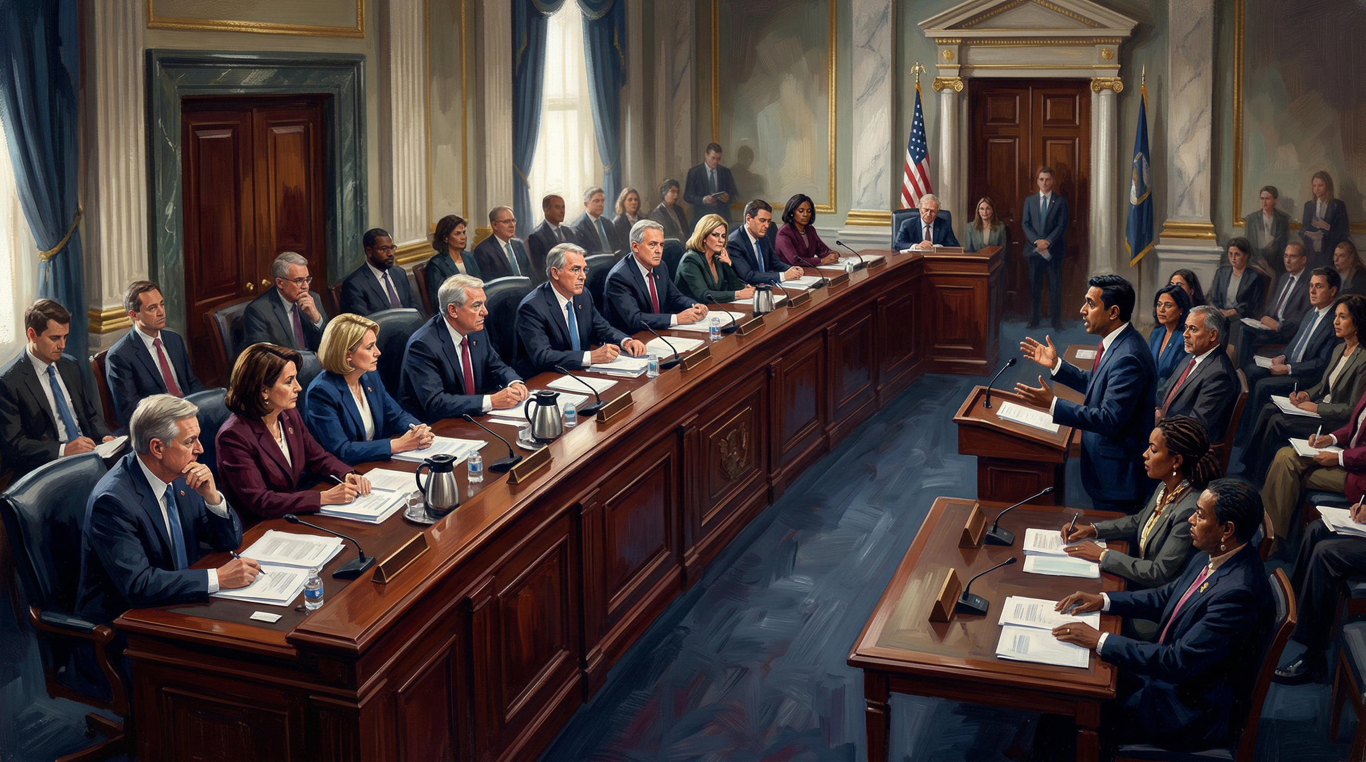 A congressional briefing room with bipartisan lawmakers seated at tables facing diaspora representatives at a presentation, with official Capitol architecture and formal hearing setup visible.