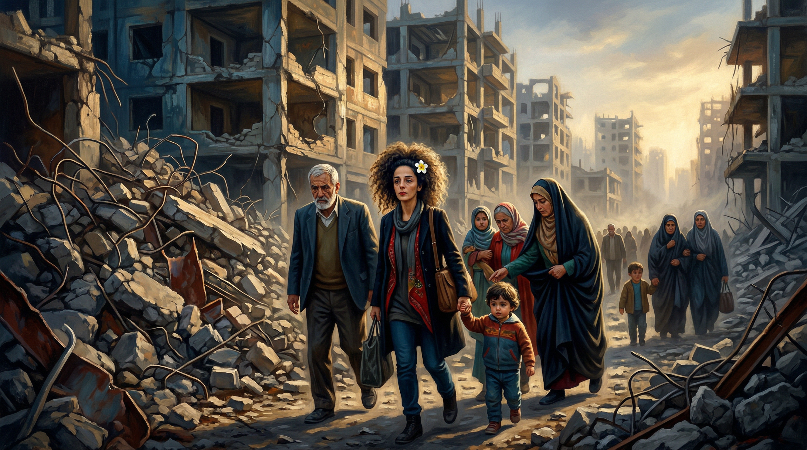 A group of Iranian civilians, including families with children, walk through debris-covered streets lined with destroyed and heavily damaged buildings.