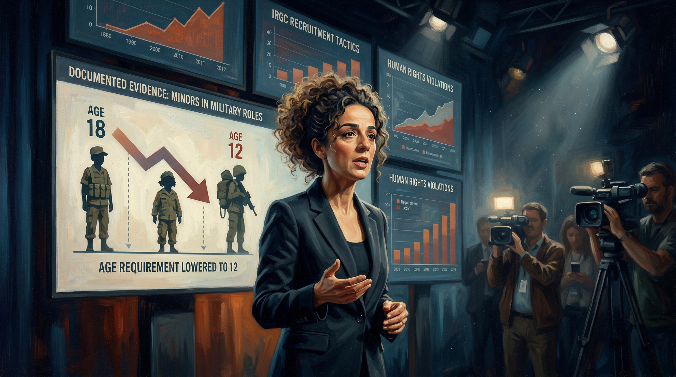 A woman stands in front of multiple screens displaying documents and reports in a studio setting, presenting information about human rights concerns related to military age requirements.