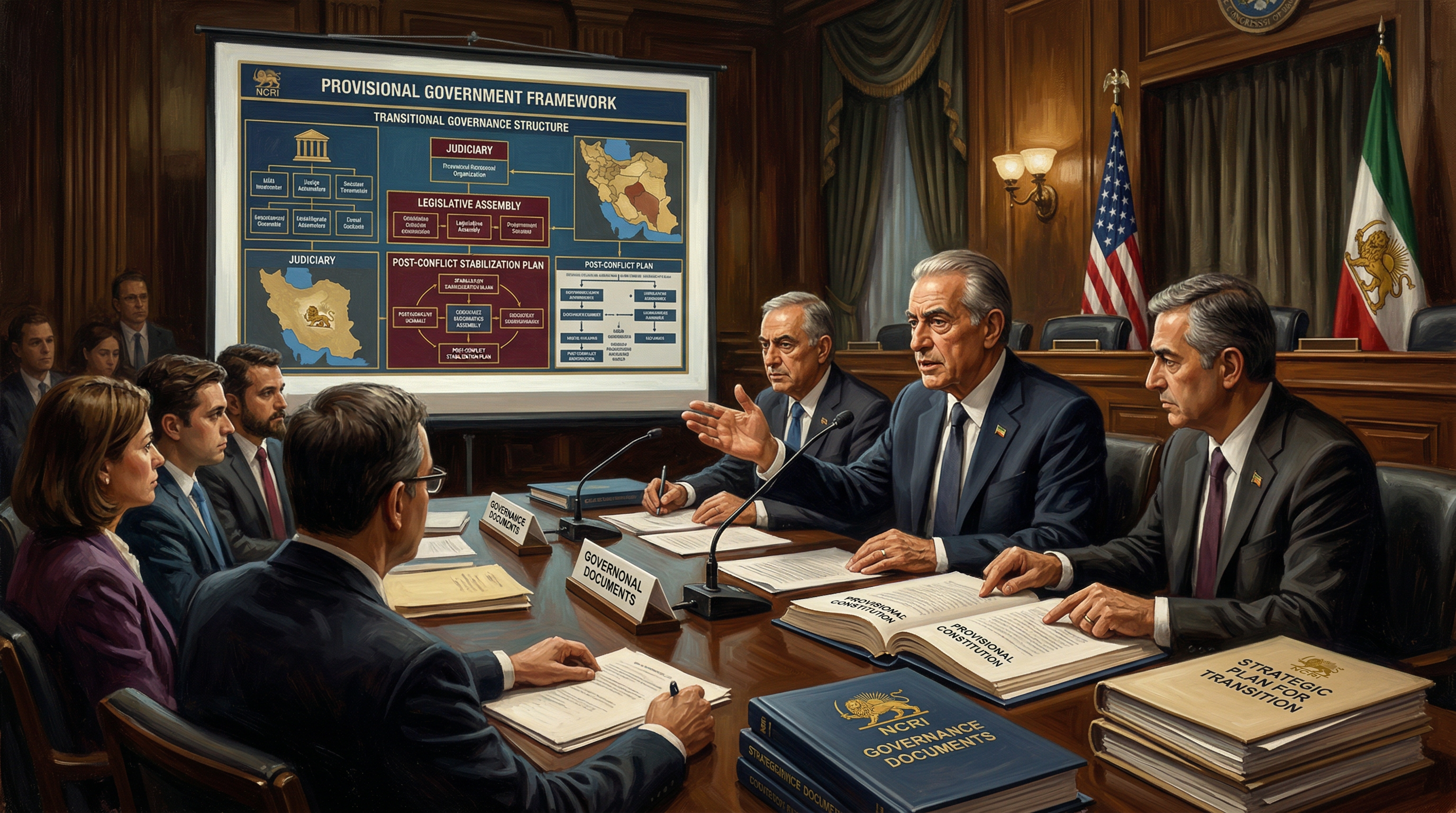 A group of officials stand before a congressional hearing room presenting charts and governance documents outlining a provisional government framework.