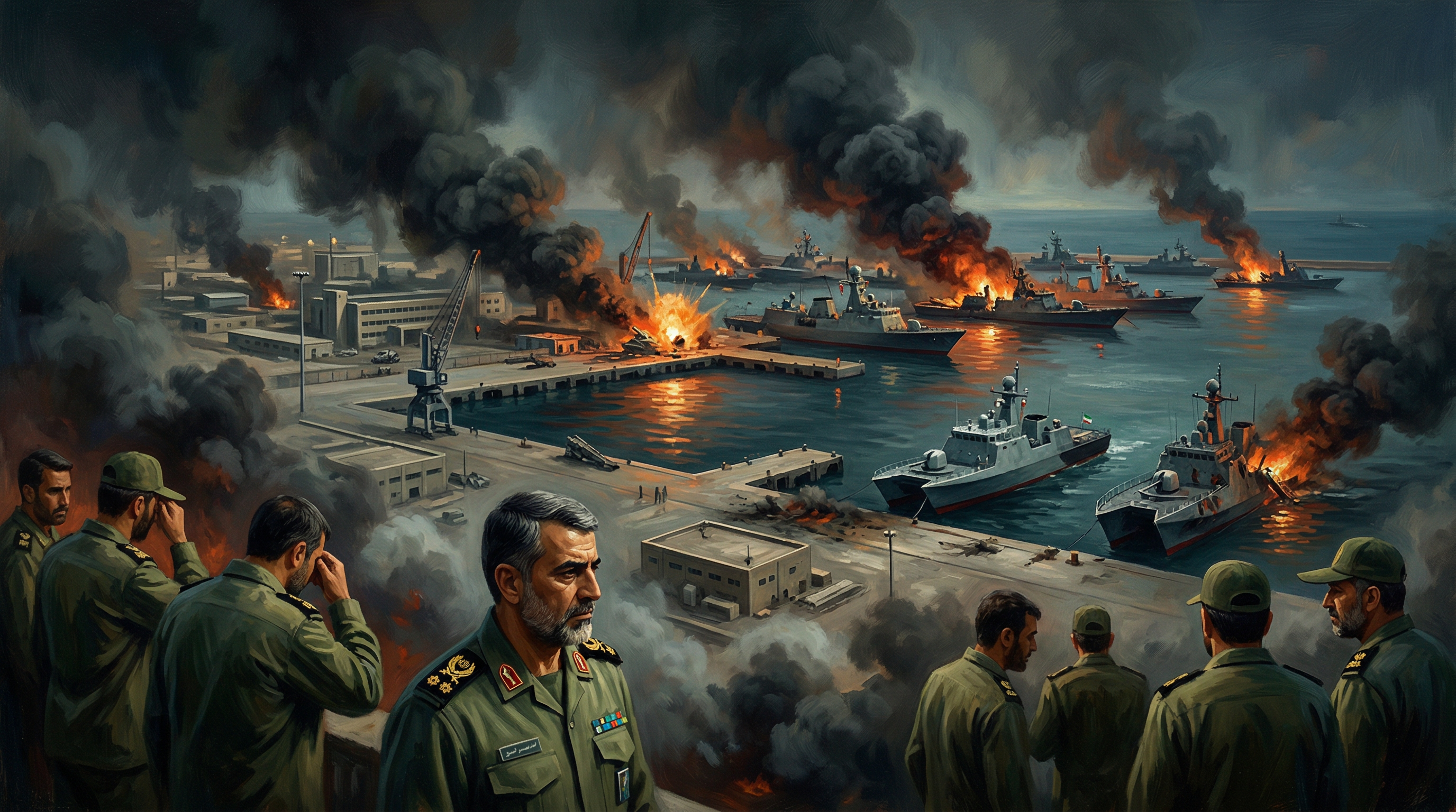 An aerial view of a coastal naval base with multiple vessels in the water, surrounded by large plumes of smoke and flames from explosions across the facility.