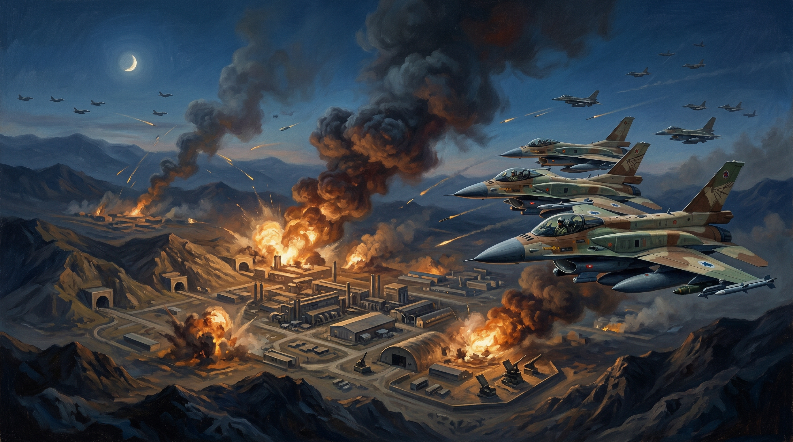 Military illustration showing multiple F-16 fighter aircraft in formation conducting an aerial strike operation against ground targets at an industrial military facility.