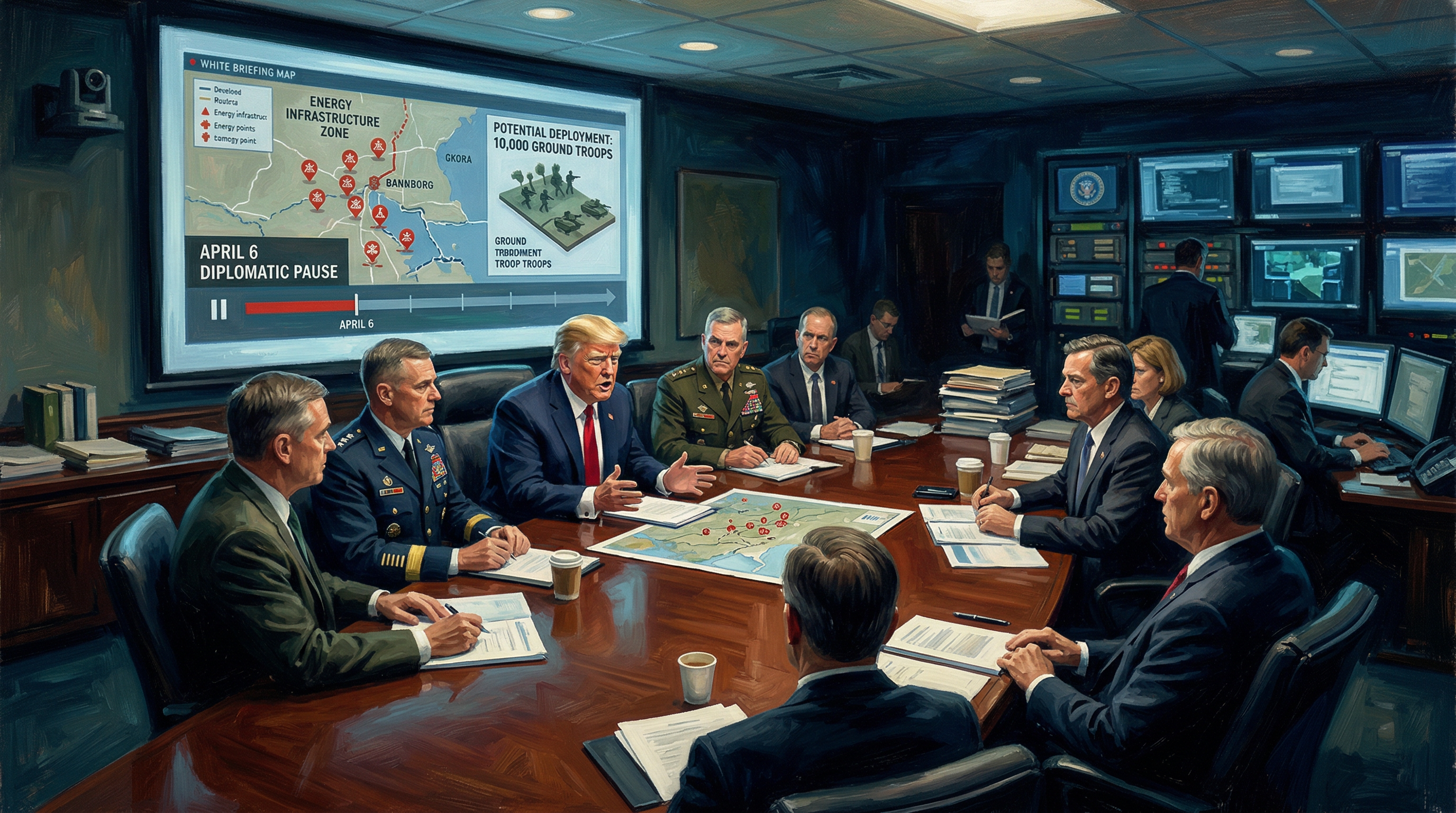 A group of government officials sit around a conference table in a secure government meeting room, reviewing documents and maps related to military and diplomatic strategy.