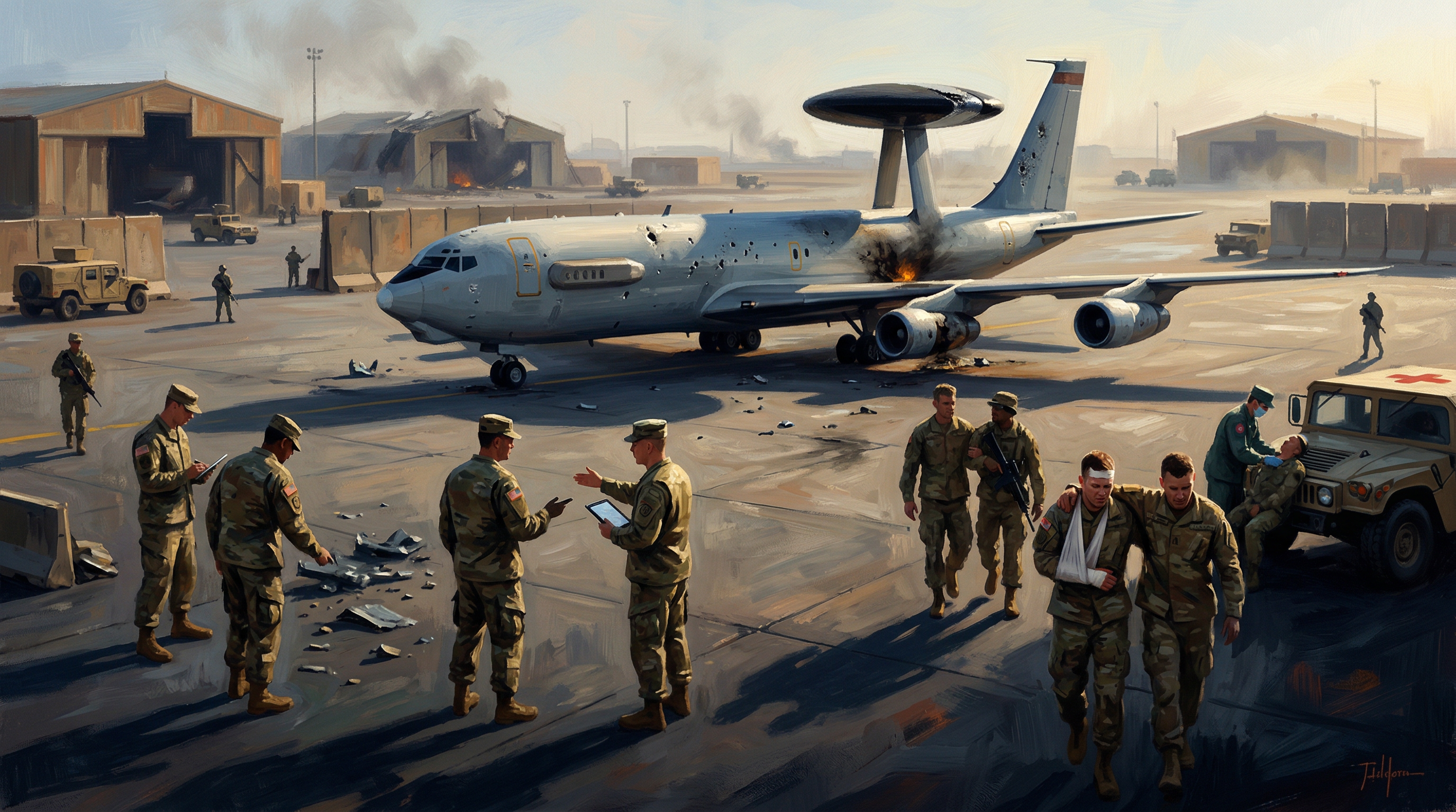 Military personnel in camouflage uniforms walk across an air base tarmac near a damaged early warning aircraft, with visible strike damage to the runway and facilities in the background.