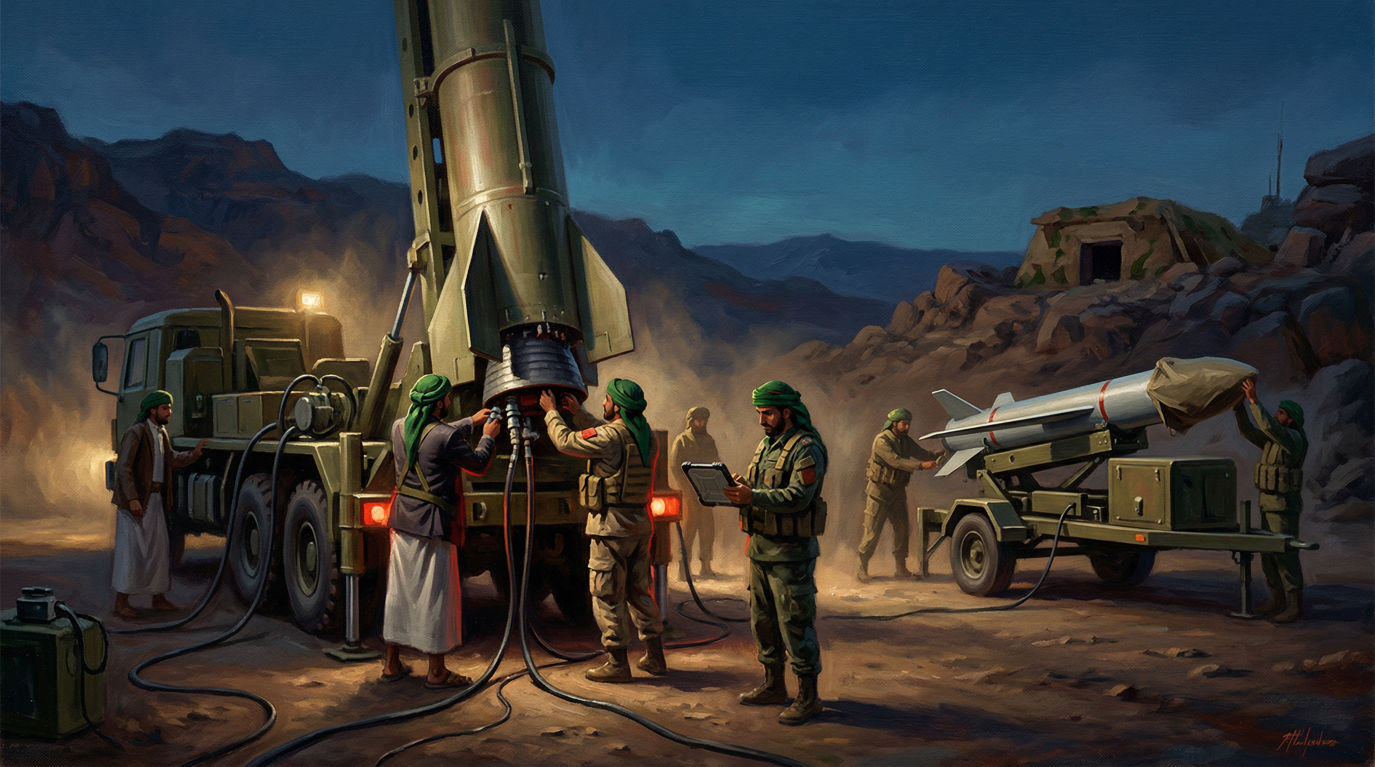 Military personnel in tactical gear work around large missiles mounted on mobile launchers in an outdoor facility, with support equipment and structures visible in the background.