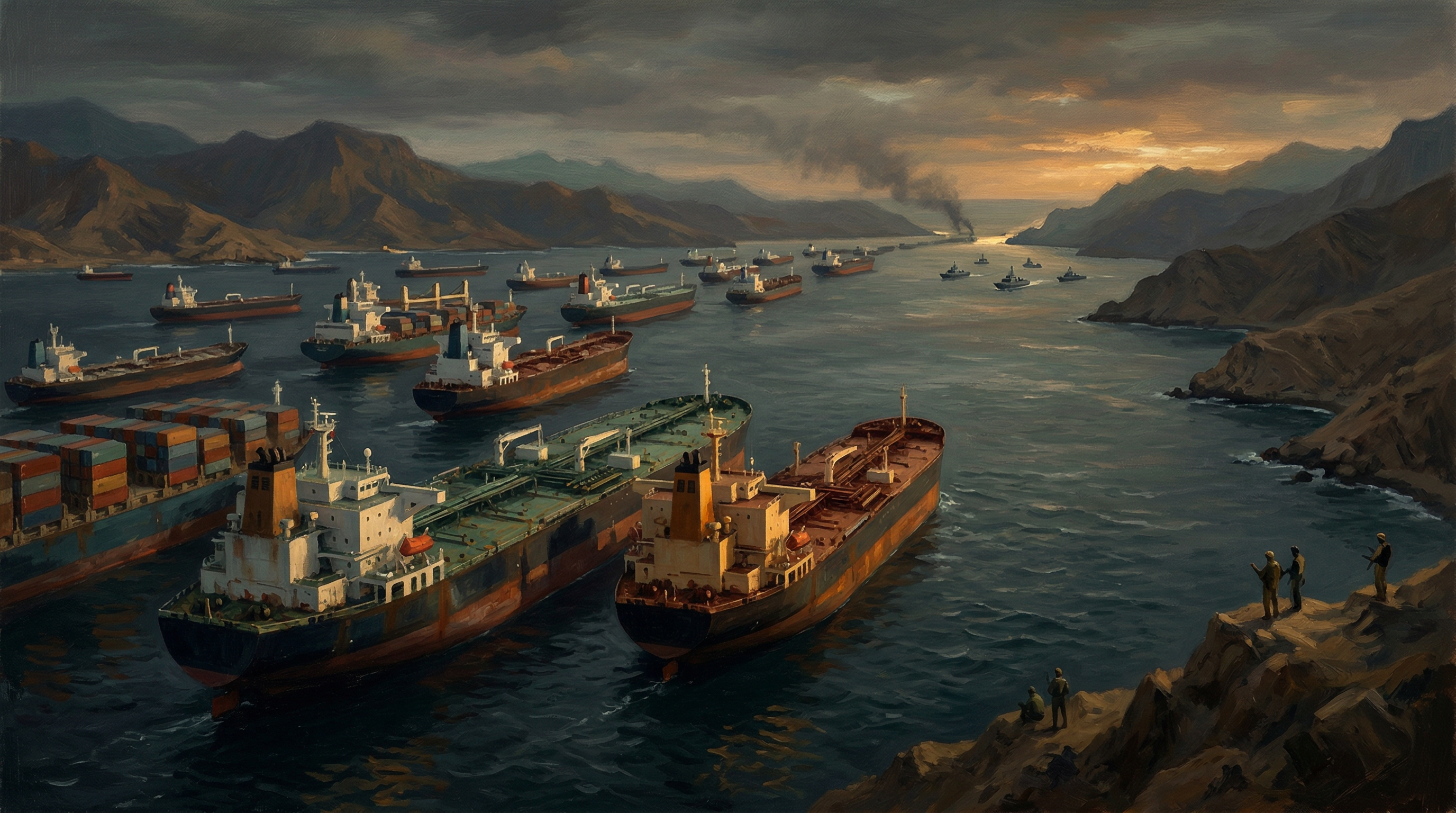 Multiple oil tankers and cargo ships sit stationary in waters near the Strait of Hormuz, illustrating the severe reduction in global maritime traffic caused by regional naval threats.