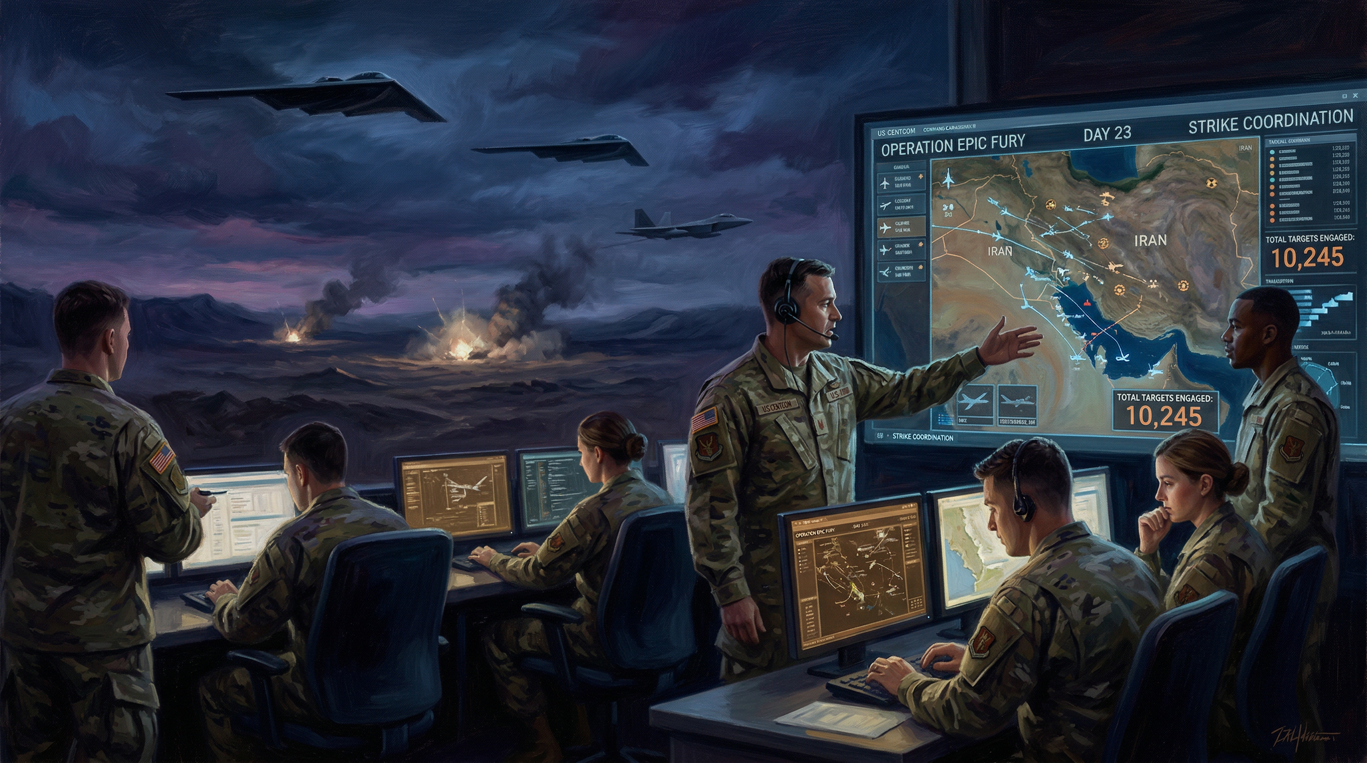 Military command center with personnel at computer stations monitoring aircraft operations on screens, with B-2 stealth bombers visible in flight above terrain.
