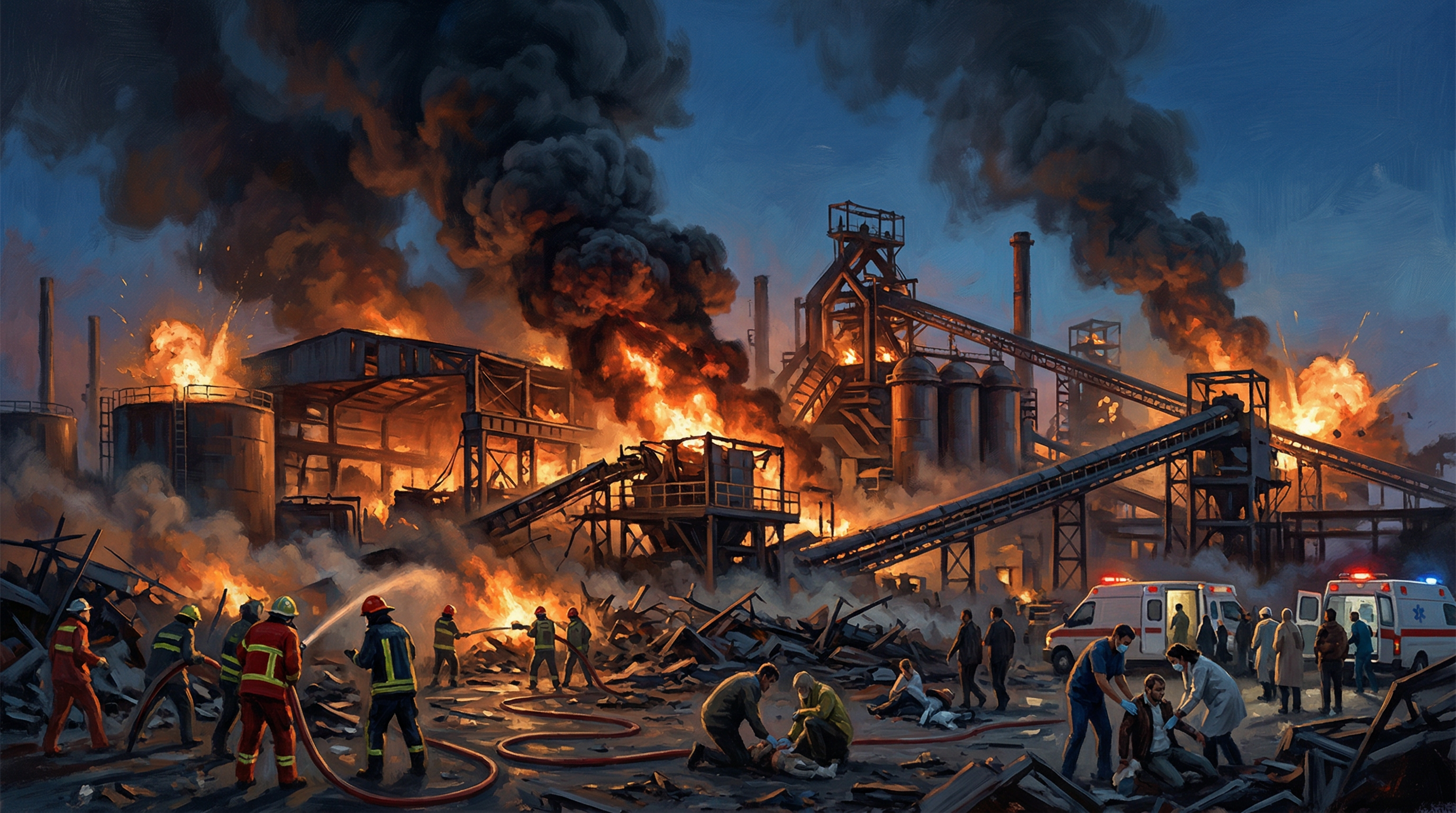 An aerial view of a large steel manufacturing complex engulfed in flames and thick smoke, with emergency vehicles and personnel visible on the ground near damaged industrial structures.
