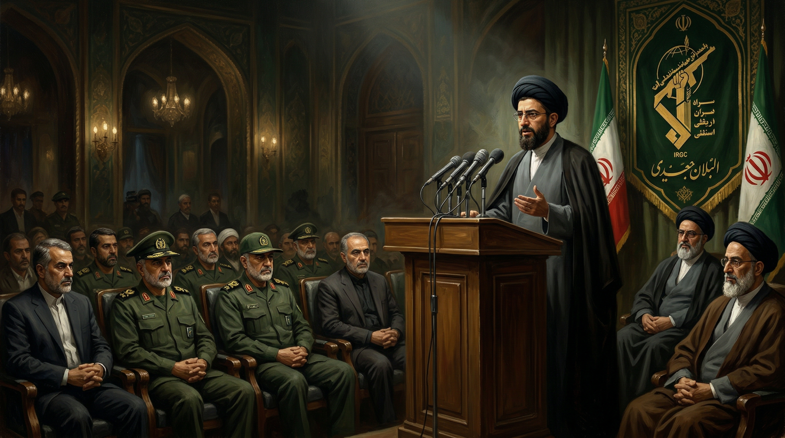 An interior scene showing a man in dark clothing speaking at a podium before an assembled audience of uniformed military personnel and officials in what appears to be an official government hall.