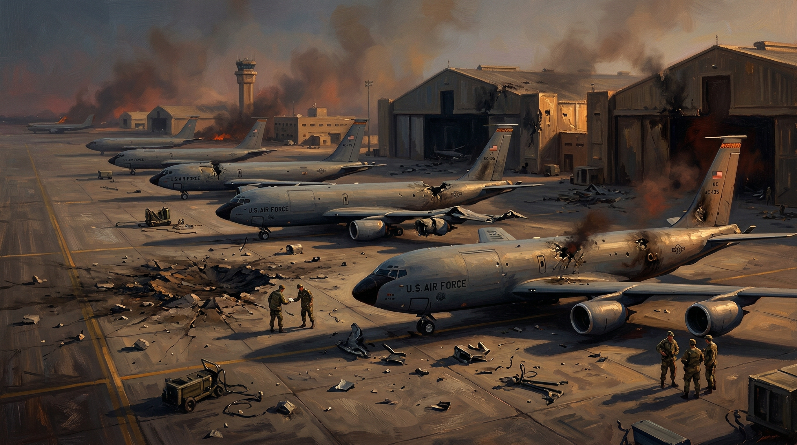 Aerial view of a military air base tarmac showing multiple KC-135 Stratotanker aircraft lined up with visible burn marks, scorching, and debris scattered across the airfield.