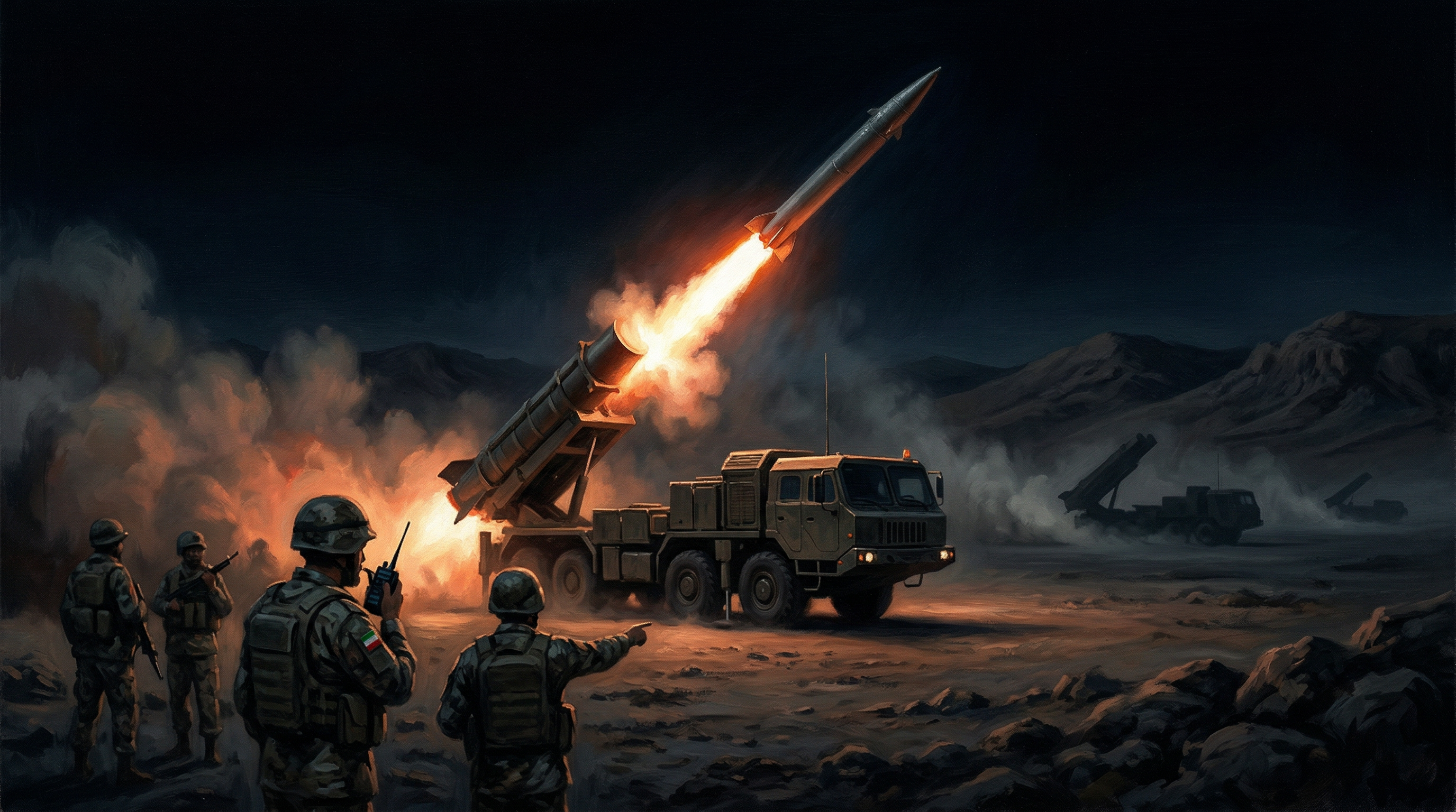 A bright missile with a glowing trajectory cuts through darkness against a black sky, launched from ground level below.